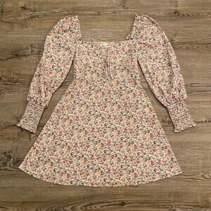 Reset White Floral Sweetheart Neckline Long Sleeve Mini Dress Women's size Small